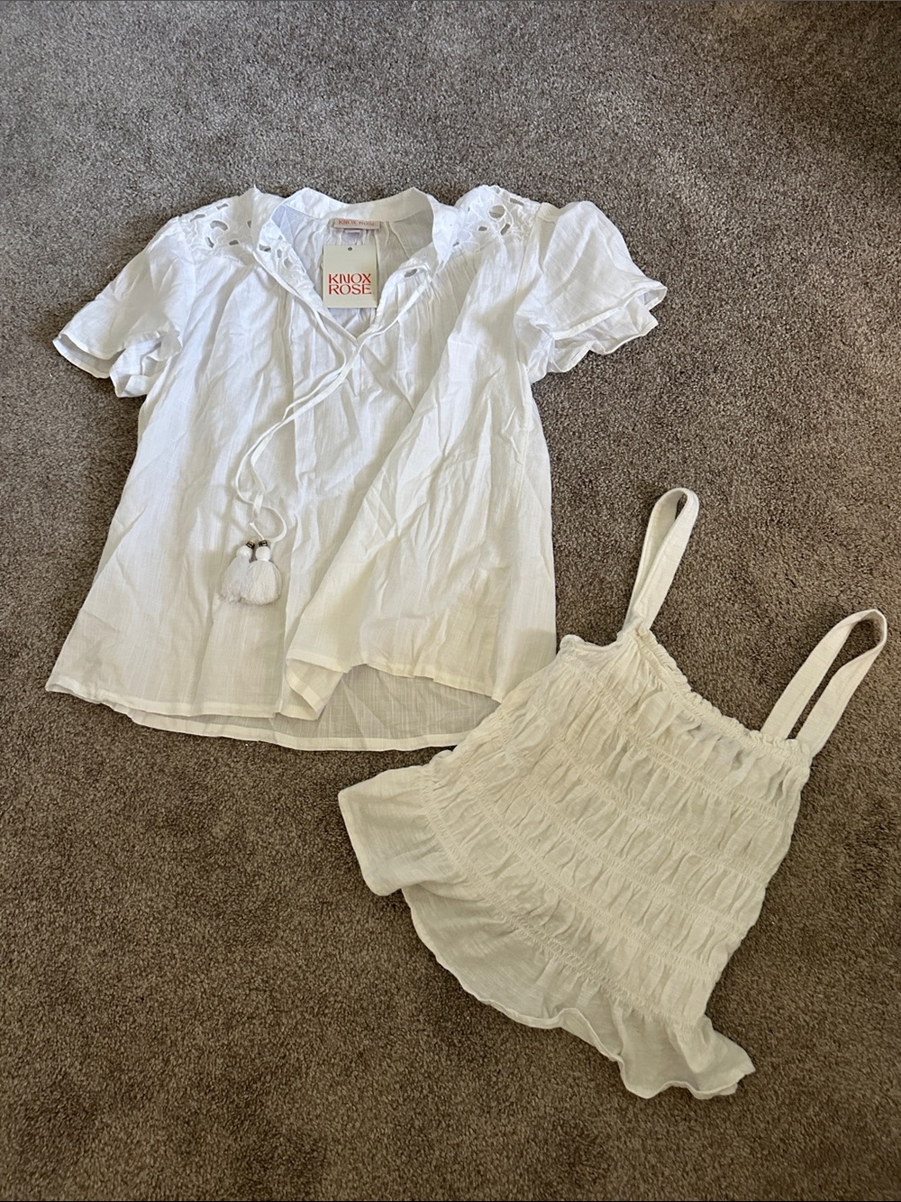 Lot of 2 Target Blouses - White Eyelet Peasant Blouse and Ruched Tank Top
